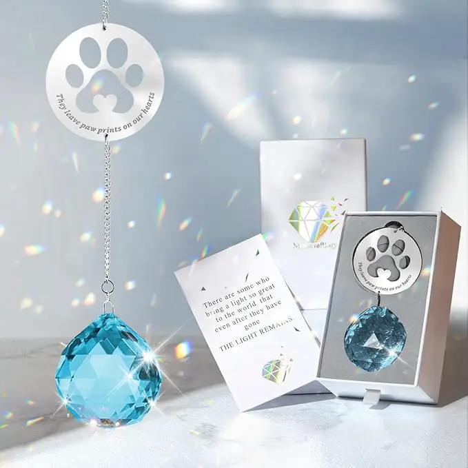 Dog Memorial Gifts, Unique Loss of Pet Sympathy Idea, Sky Blue Crystal Ball Rainbow Suncatcher with Paw Print for Cat or Dog Remembrance and Bereavement by GreenHaven Gardens