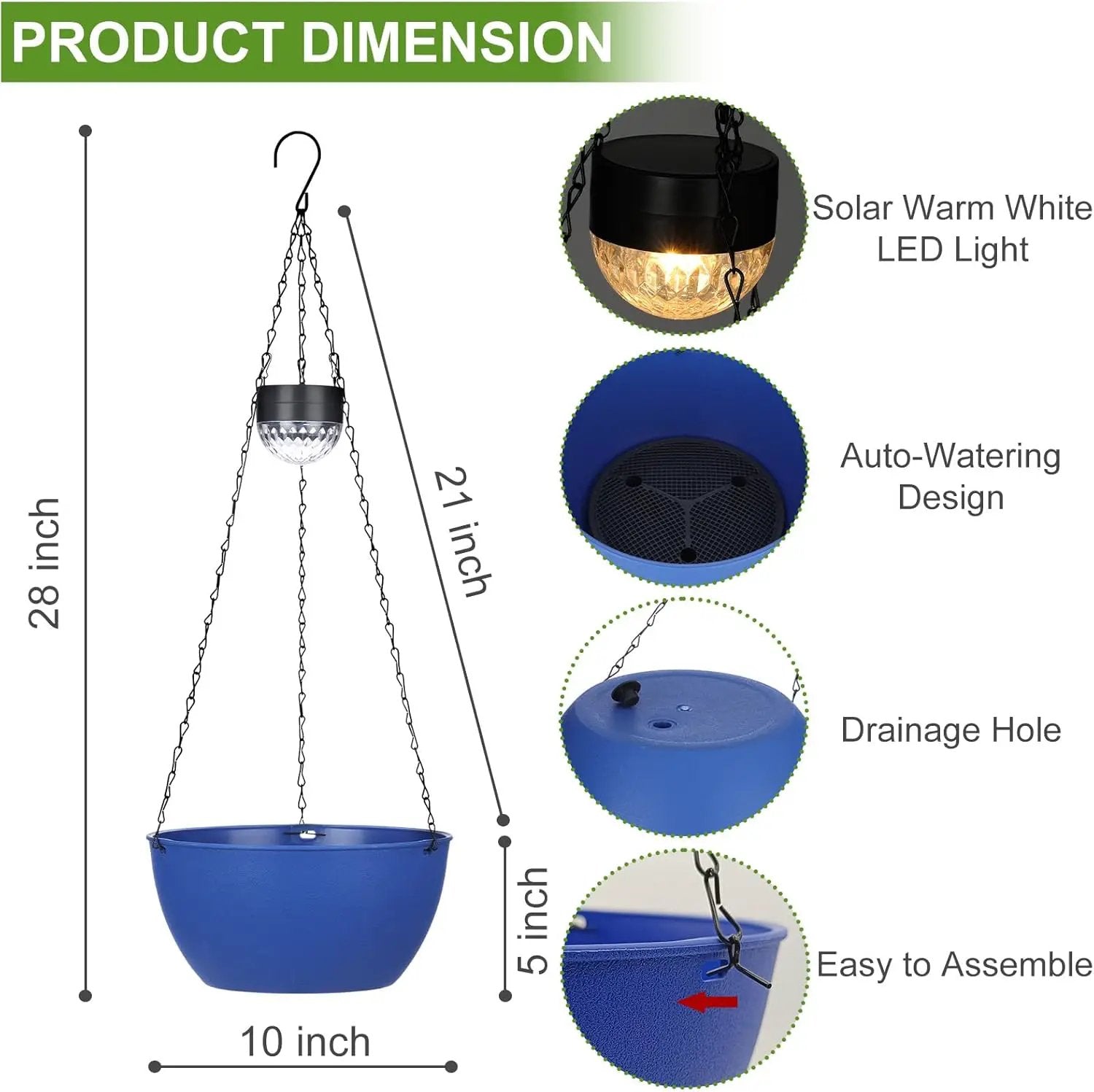 2 Packs Solar Hanging Basket Planters for Plants Outdoor, Self Watering Blue Flower Plants Pots with Solar Light Drainer for Balcony Patio Garden Outdoor Decoration by GreenHaven Gardens