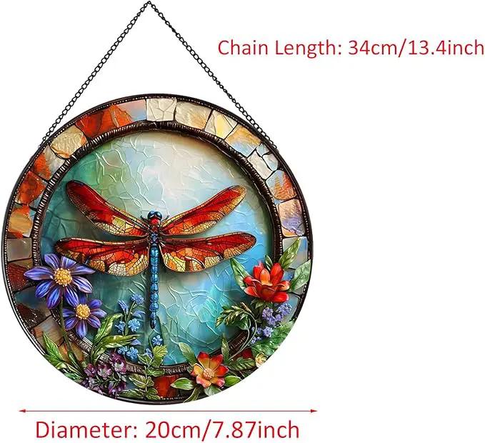 Dragonfly and Flower Suncatcher Stained Glass,Hanging Stained Glass Suncatcher for Windows,20cm/7.87inch Hand-Painted Sun Catcher Garden Hangings Halloween Fall Christmas Decor for Home by GreenHaven Gardens
