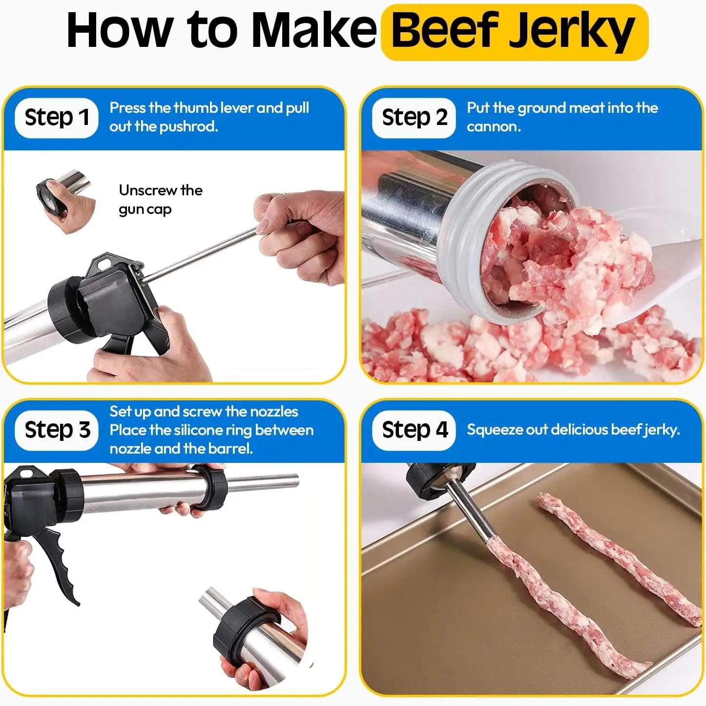 Professional Jerky Gun Kit – Stainless Steel Beef Meat Maker Machine with 5 Nozzles, 1 Meat Pusher, 5 Cleaning Brushes (2 Sets), Sausage Shooter Accessories & Bonus Pair of Gloves by GreenHaven Gardens