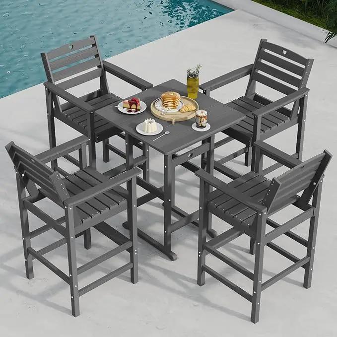 Tall Adirondack Chairs Set of 4, HDPE Wood Balcony Adirondack Chairs Set with Heart Cutout Design, Weather-Resistant Bar Height Furniture for Deck, Porch, Pool (Grey) by GreenHaven Gardens