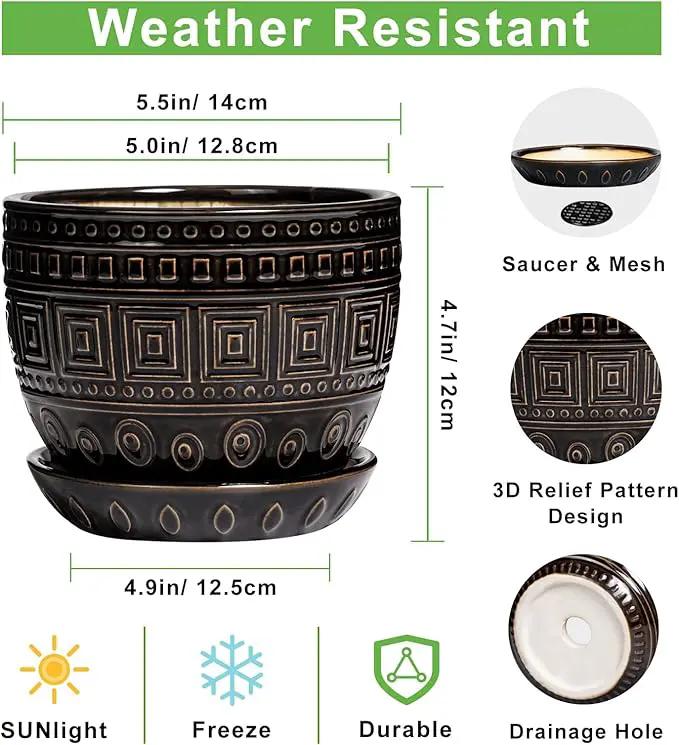 G EPGardening Ceramic Plant Pot - 5.5 Inch Ceramic Planter for Indoor Plants, Boho Round Indoor Flower Pot with Drainage Hole and Saucer, Plant Lover Gifts, Garden Home Room Decor, Black by GreenHaven Gardens