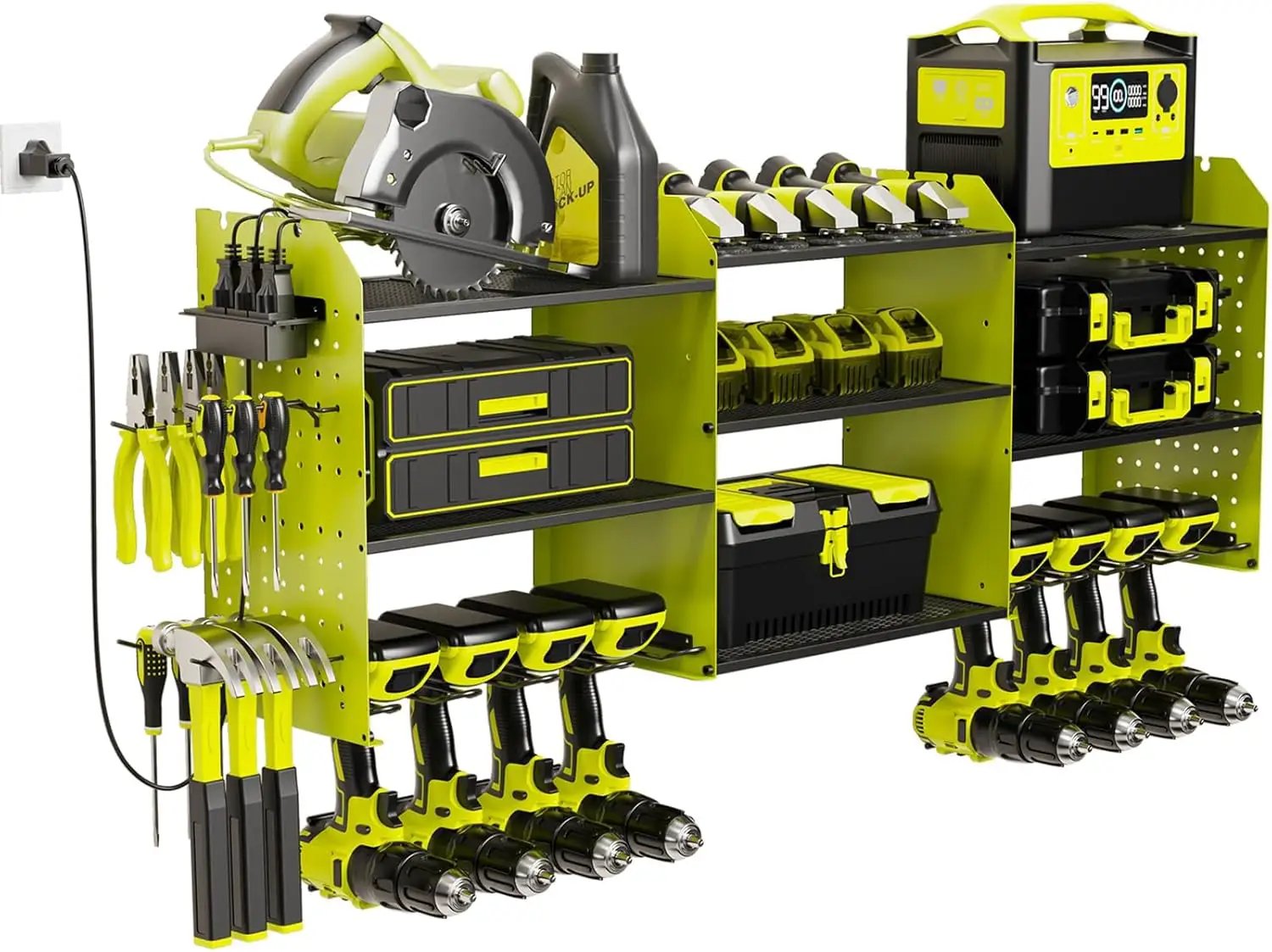 Power Tool Organizer with Charging Station Wall Mount, 3 Layer Expanded Heavy Duty Garage Organization, 45.5 Inch Length Garage Tool Storage, 8 Drills, 2 Assemble Method, Green by GreenHaven Gardens