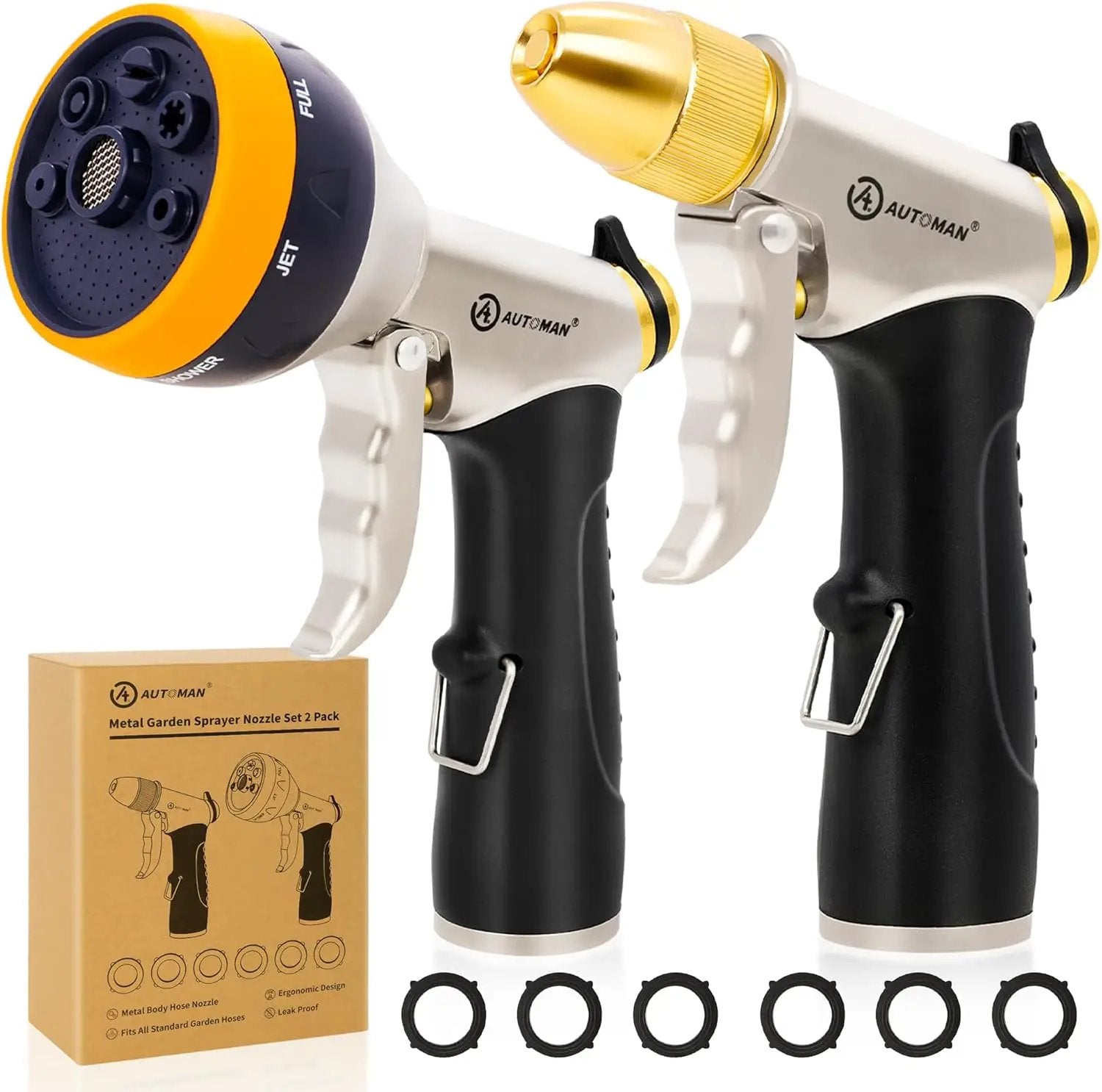 AUTOMAN Garden Hose Nozzles - High Pressure 100% Metal Hose Sprayer 2 Pack, Heavy Duty Garden Watering Nozzle Set, Powerful Garden Nozzle for Watering Plants, Window Cleaning,Washing Cars,Pets Bathing by GreenHaven Gardens