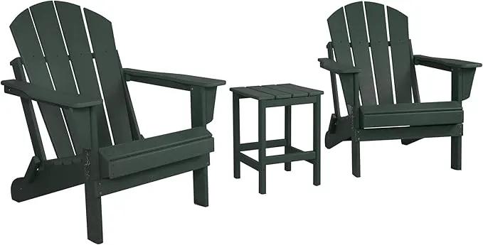 WO Home Furniture Adirondack Chairs Table Set of 3 PCS Outdoor Folding Chairs Side End Table Weather/UV Resistant for Lawn, Garden, Bon Fire, Balcony (Dark Green) by GreenHaven Gardens