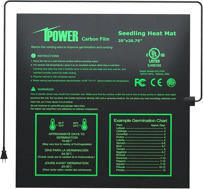 iPower Seeding Heat Mat Upgraded Carbon Film Indoor Warm Hydroponic Plant Germination Starting Pad Durable Waterproof, 20" x 20.75", Black by GreenHaven Gardens