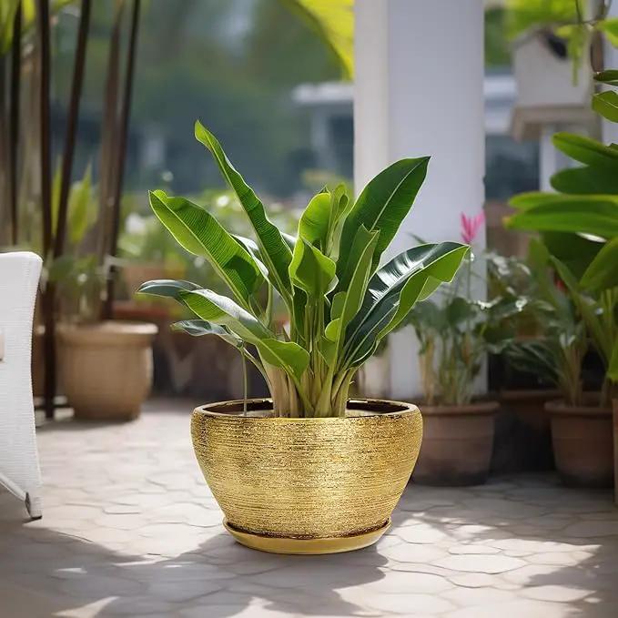 Ceramic Planter 13 Inch - Indoor Plant Pot with Drainage Hole and Saucer Large Ceramic Pot for Plants Mid-Century Decorative Modern Outdoor Flower Pot for Home Decor Gold by GreenHaven Gardens