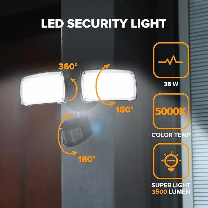 LUTEC 38W 3500 Lumen LED Motion Activated Integrated Dual-Head Floodlight Outdoor with Motion Sensor, 5000K Daylight, Dusk to Dawn, Exterior Security Wall Light for Patio, Garden, Yard(Black) by GreenHaven Gardens