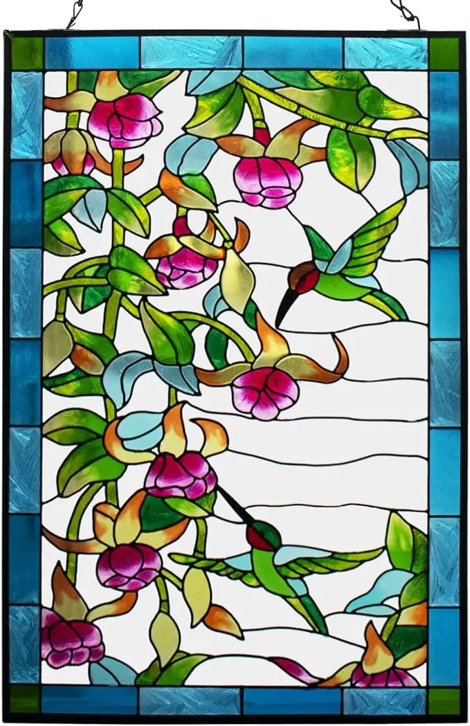 VEWOGARDEN W10xH15 inch Hummingbird Stained Glass Window Hangings, Suncatcher Panel with Chain for Wall or Windows by GreenHaven Gardens