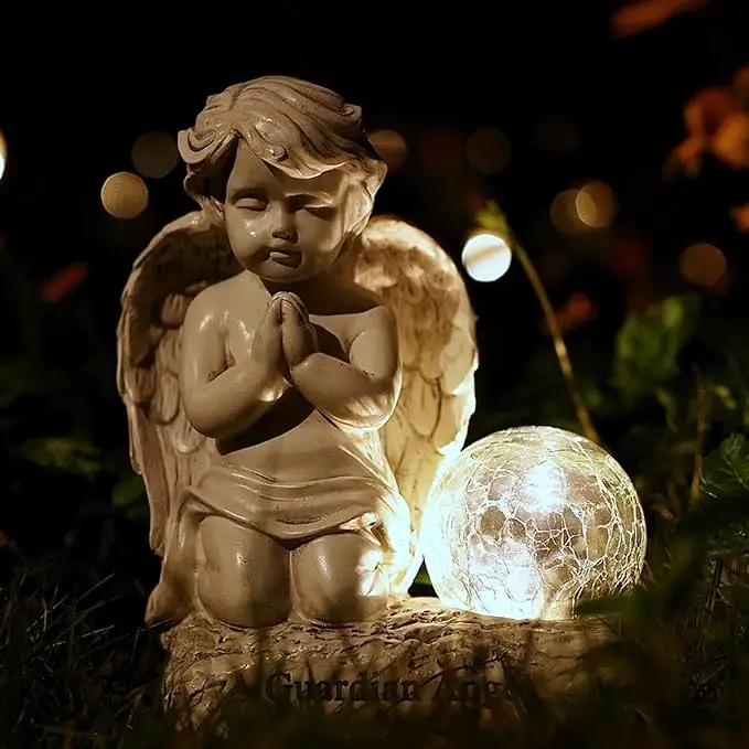 Angel Decor Praying Cherubs Statue Garden Decor, Angel Garden Figurines Outdoor Decoration,Baby Angel Garden Statue with Solar Crackle Glass Globe for Lawn Patio Decorations by GreenHaven Gardens