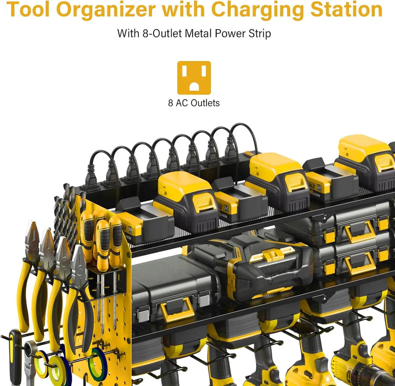 JUNNUJ Large Pegboard Power Tool Organizer with Charging Station, 8 Drills Driver and Tools Battery Holder Wall Mount with 8 Outlet Power Strip, Yellow 3-Layer Shop Garage Storage Utility Rack by GreenHaven Gardens