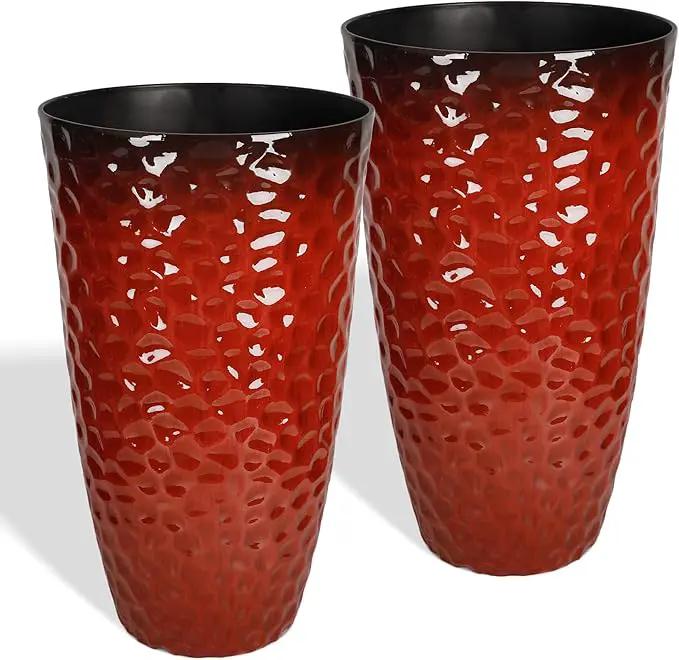 Worth Garden 14" Dia x 24" H Large Plastic Planters with Drainage Hole, Set of 2 Hammered Texture Red Glossy Smooth Finish, Tall Taper Round Decorative Flower Plant Pot for Indoor Outdoor, Front Porch by GreenHaven Gardens