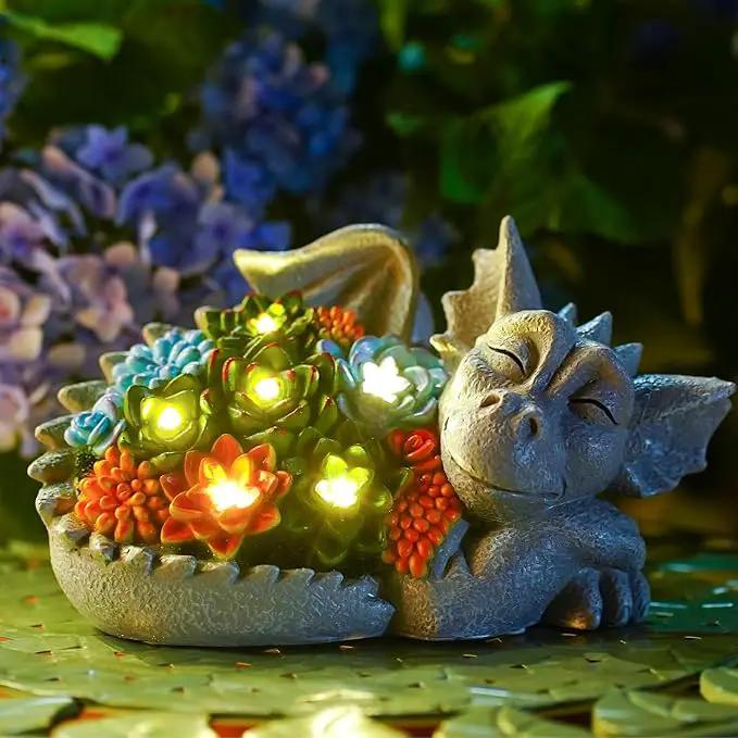 Solar Dragon Statue with Succulent Lights - Dragon Garden Sculptures & Statues，Garden Decor for Outdoor Yard Art Ornaments 9.1inch (Gray) by GreenHaven Gardens