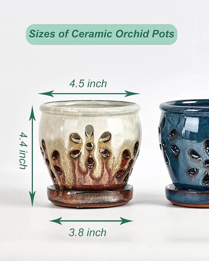 vensovo 4 Inch Ceramic Orchid Pots with Holes and Saucers - 2 Pcs Small Succulent Pot for Repotting, Garden Flowerpots for Plants Indoor and Outdoor Promotes Air Circulation (Blue, Brown Mixed) by GreenHaven Gardens