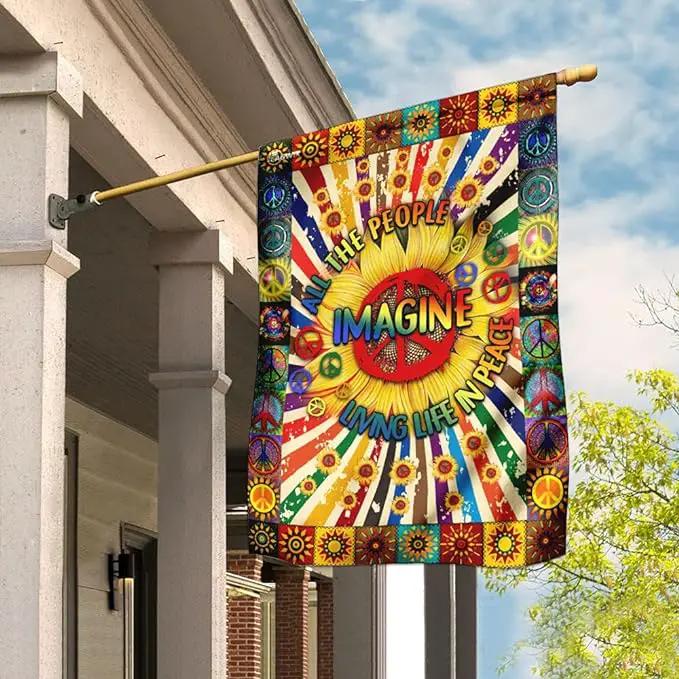 FLAGWIX Flags - Imagine All The People Living Life In Peace Hippie Sunflower Flag DDH1826F, House Flag (29.5" x 39.5") - USA House Garden Flags Premium Polyester - Decorative Outdoor Flags by GreenHaven Gardens