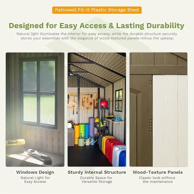 Patiowell 8 x 12 FT Plastic Outdoor Storage Shed with Floor, Resin Shed with Window and Lockable Door for Garden, Backyard, Tool Storage Use, Easy to Install in Brown (Kick-it Shed) by GreenHaven Gardens