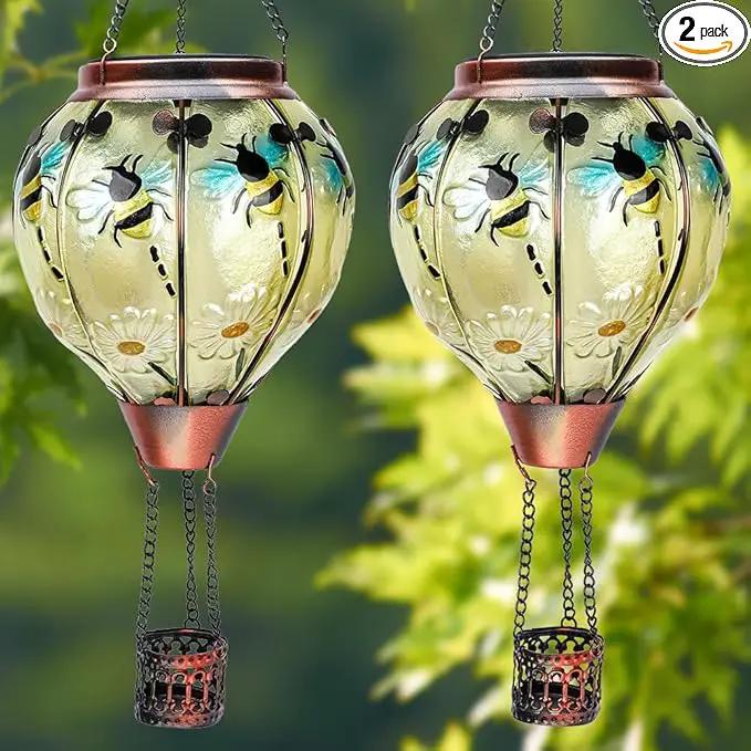 2PCS Solar Hot Air Balloon Lanterns with Flame with Shepherd's Hooks, Glass Hanging Flickering Lights Outdoor Waterproof for Garden Tree Yard Patio Mother's Day Gift, 18" H Bee by GreenHaven Gardens