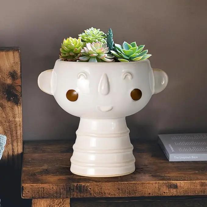 Head Planter for Indoor Plants - 7 Inch Ceramic Face Planter, Cute Succulent Pot with Drainage Hole, Indoor Outdoor Flower Plant Pot, Home Garden Decor, Gift for Plant Lovers, White by GreenHaven Gardens