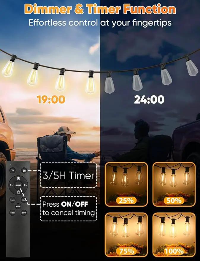 Brightever 180FT LED String Lights with Remote Control, 2700K/4000K/5000K Selectable Outdoor Patio Lights with 56 Shatterproof ST38 Edison Bulbs, 3 Modes Dimmable Outside Light for Yard, Porch by GreenHaven Gardens