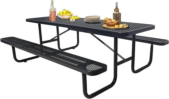 6FT Metal Picnic Tables for Outdoors, Commercial Rectangular Picnic Table and Bench Set for Outside, Patio, Garden, Backyard, Porch, Surface Mount, Black by GreenHaven Gardens