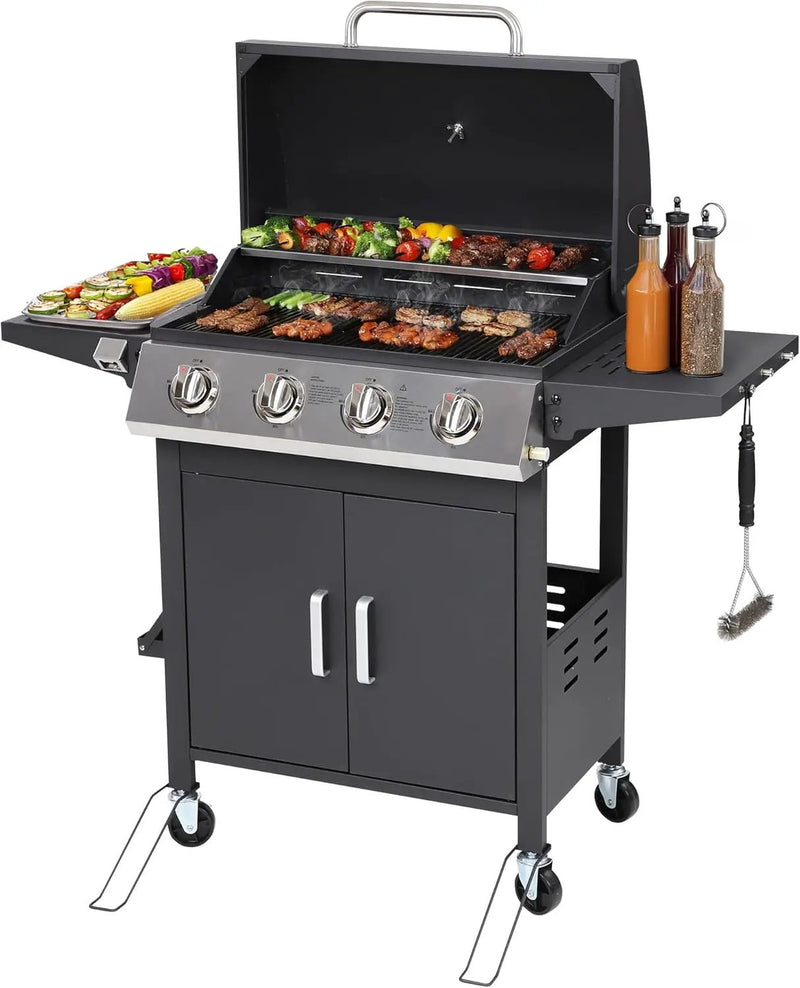 4-Burner Propane Gas Grill, Stainless Steel BBQ with 40,000 BTU, Foldable Side Shelves, Porcelain-Coated Grates, Ideal for Patio & Backyard Cooking (4 Burner) by GreenHaven Gardens