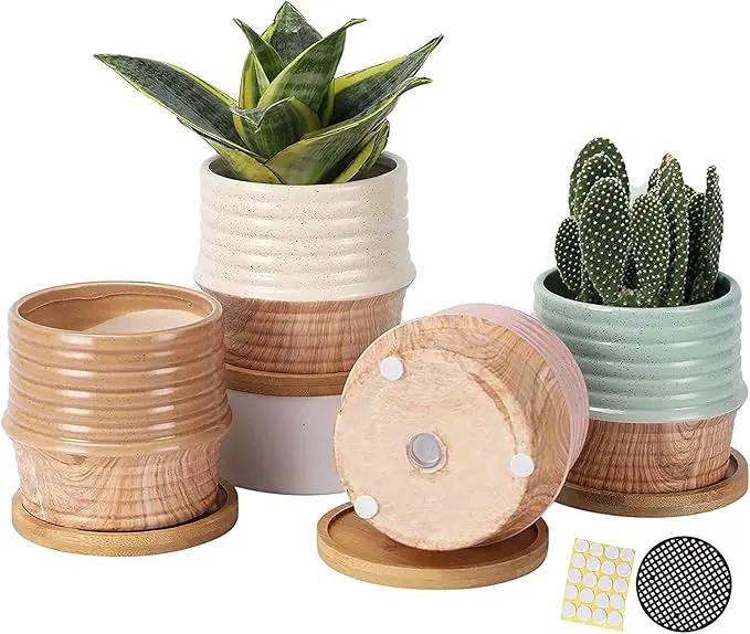 OMAYKEY 4 Inch Ceramic Plant Pot with Saucer, Water Transfer Printing Grain Planters Pots with Drainage Hole & Mesh Pads for Succulent, Indoor Flowers, Snake Plants, Cactus, Herbs, Set of 4 by GreenHaven Gardens