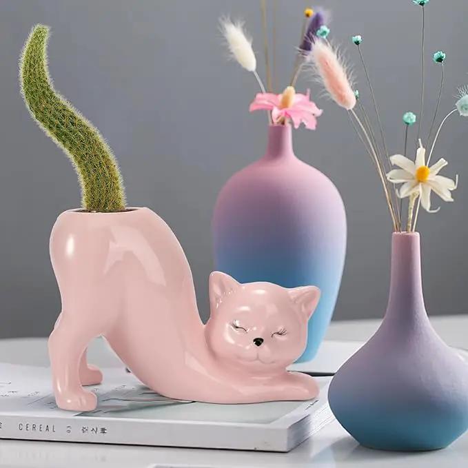 TOIVO Cat Planter Pot，Indoor and Outdoor Plant Displays，Funny Ceramics Cat Flower Pot，Cat Gifts for Cat Lovers，Lovely Office Desk Room Home Decor (Pink, Small) by GreenHaven Gardens