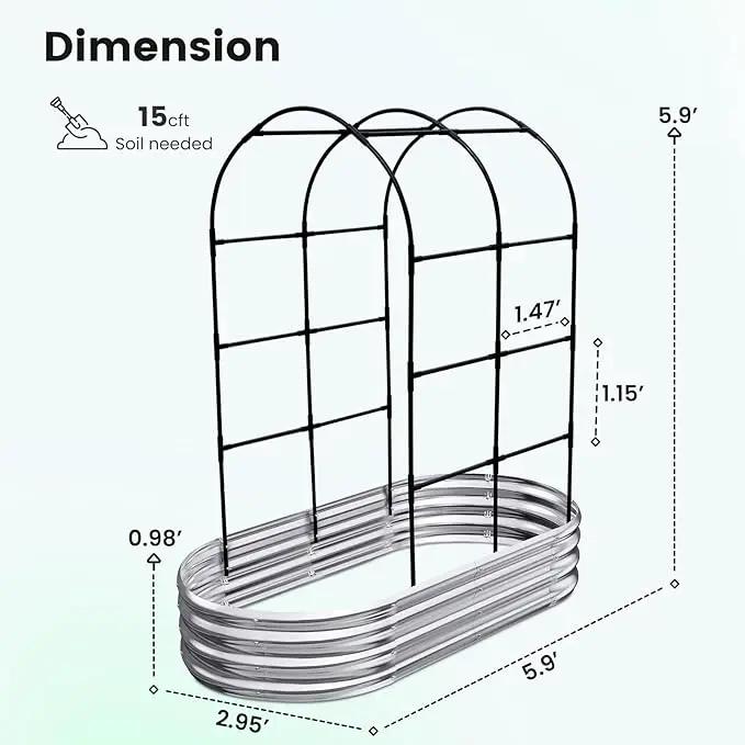 KING BIRD Raised Garden Bed with Arched Trellis Galvanized Planter Garden Box Outdoor for Gardening, Climbing Vegetables, Flowers 5.9x2.95x0.98 Ft, Silver by GreenHaven Gardens