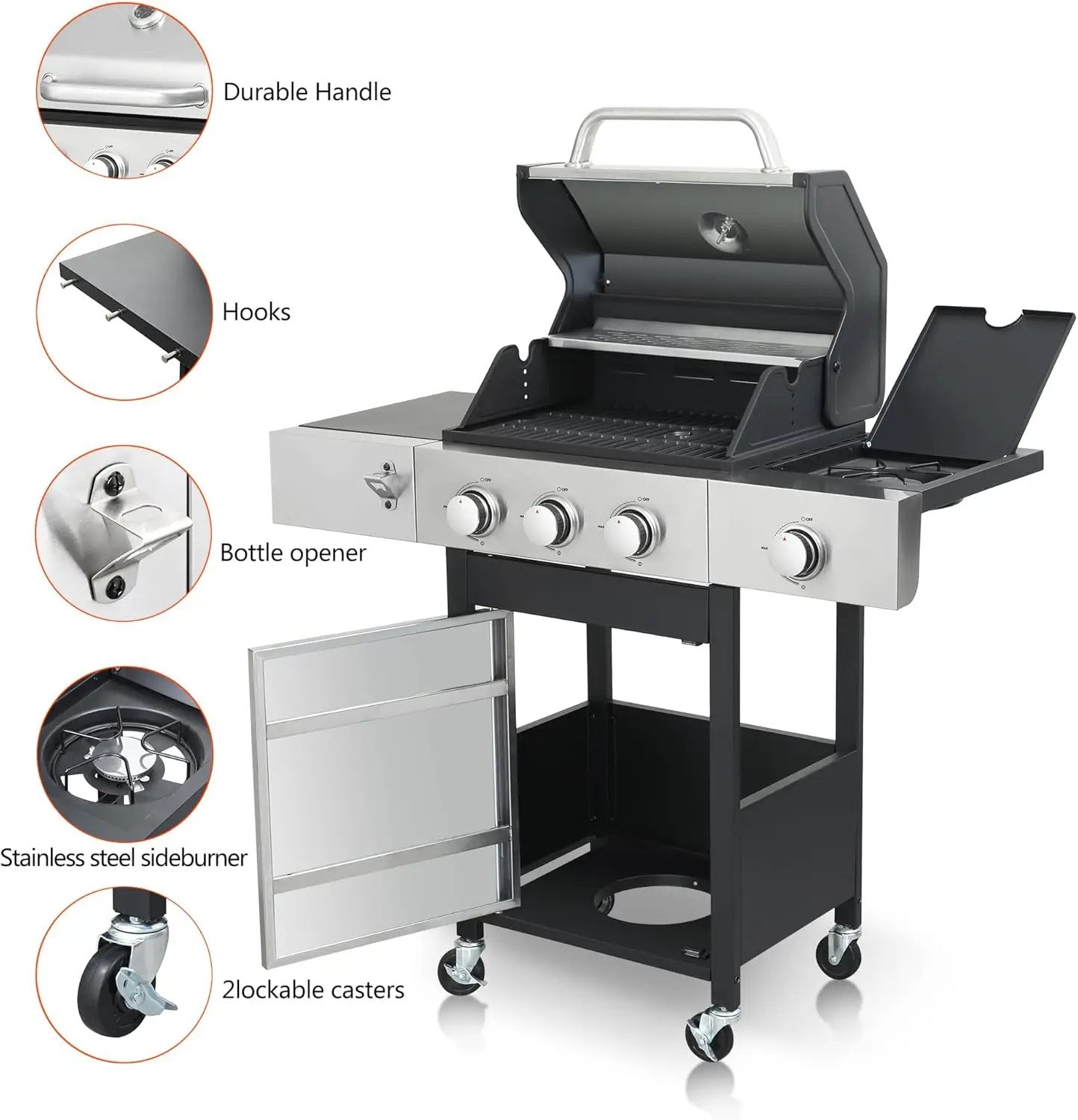 3-Burner Propane Gas Grill with Side Burner, 25,650 BTU Outdoor BBQ Grill with Stainless Steel Warming Rack, Enameled Cooking Grids, Built-in Thermometer & Foldable Side Tables with 6" Wheels by GreenHaven Gardens