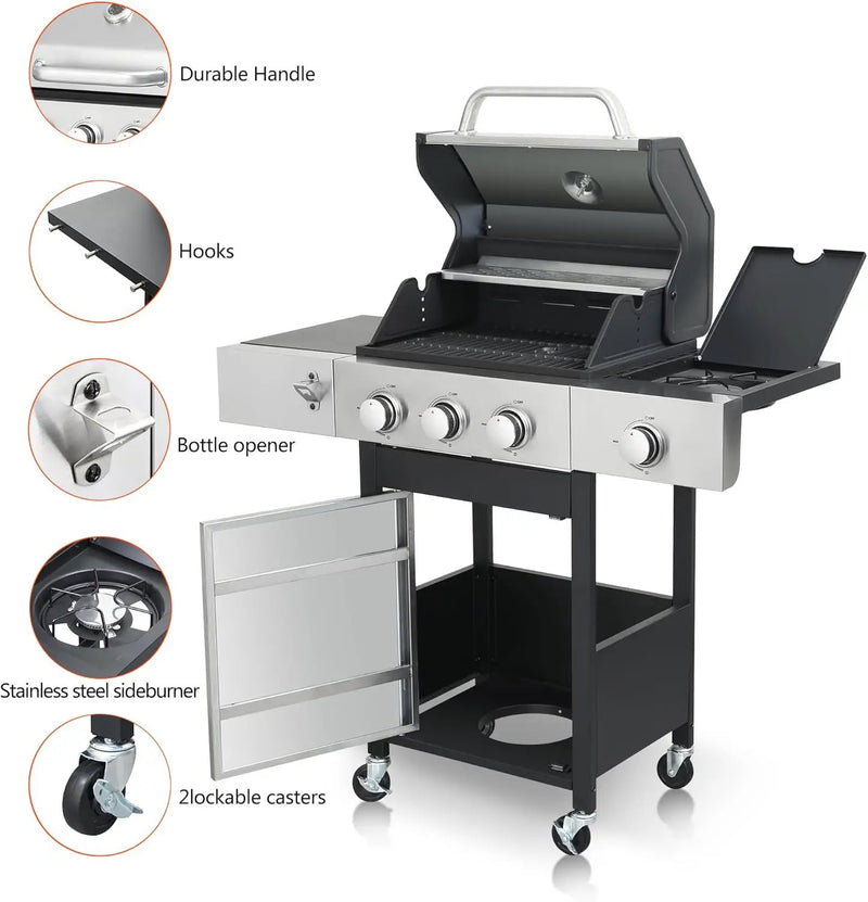 3-Burner Propane Gas Grill with Side Burner, 25,650 BTU Outdoor BBQ Grill with Stainless Steel Warming Rack, Enameled Cooking Grids, Built-in Thermometer & Foldable Side Tables with 6" Wheels by GreenHaven Gardens
