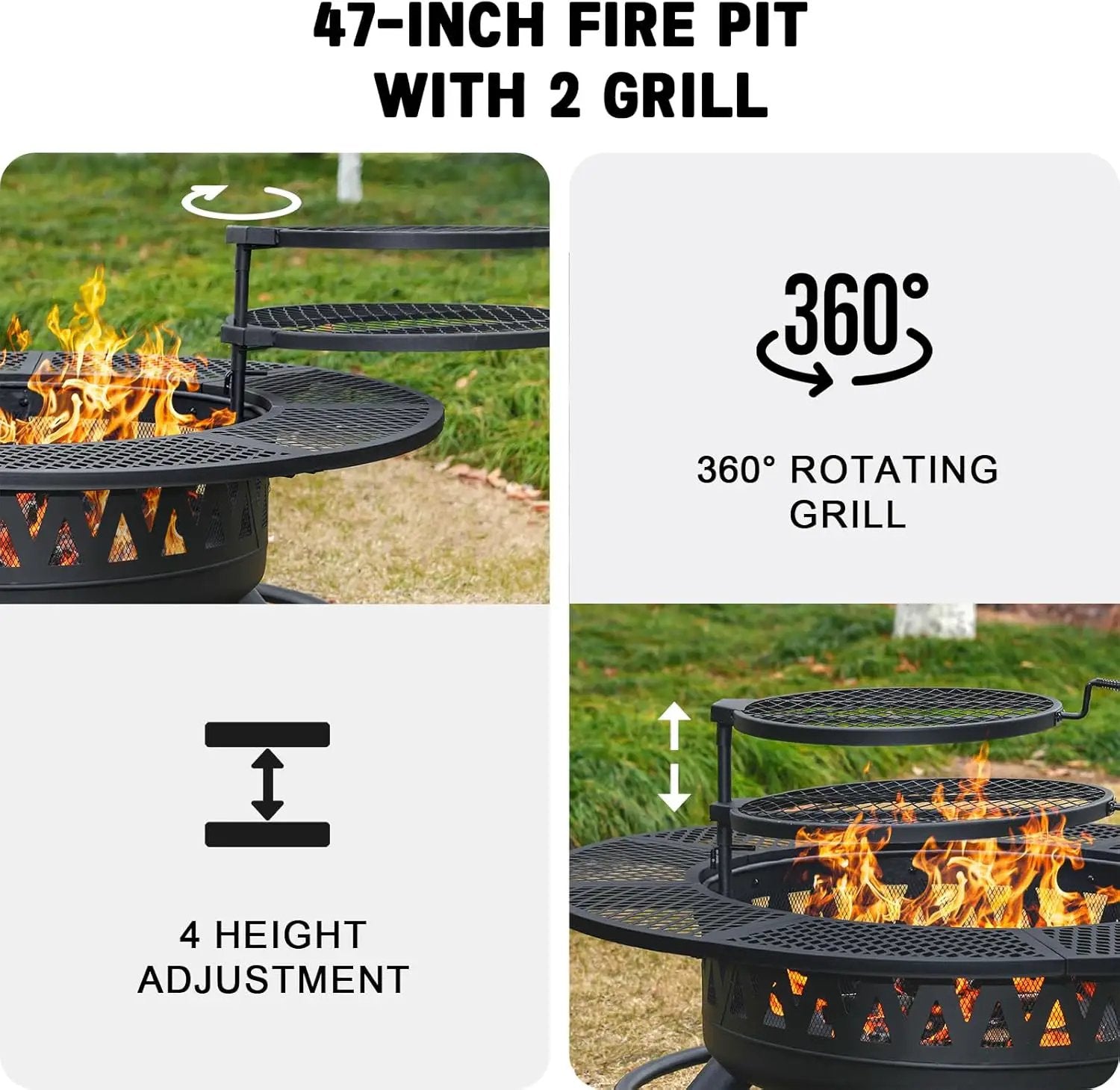 47 Inch Fire Pit with 2 Grills, Outdoor Extra Large Firepits for Outside, Wood Burning Fireplace for Camping,Picnic,Bonfire, 3-in-1 Round Metal Table with Lid for Backyard,Patio,Party by GreenHaven Gardens
