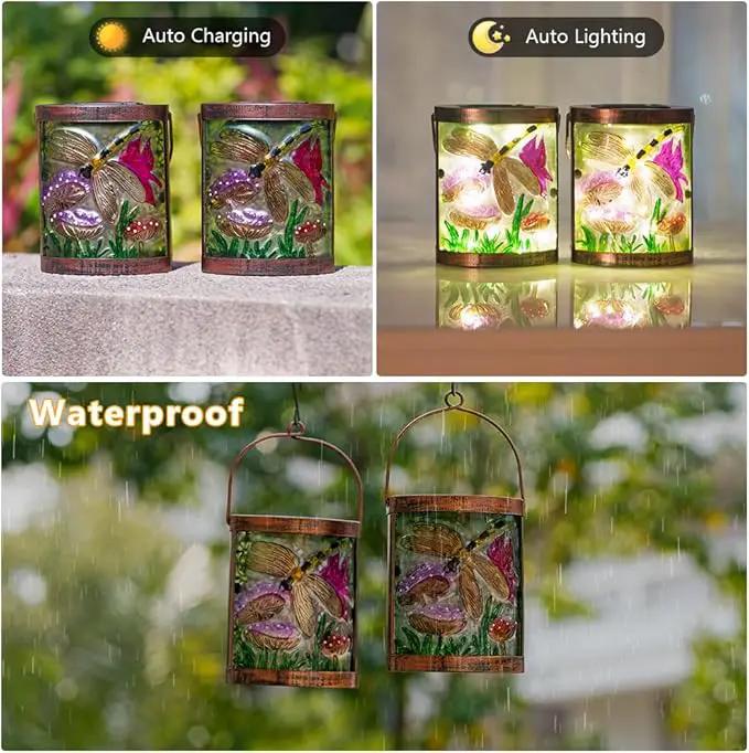 Starsoul 2 Pack Hanging Solar Lantern Outdoor Waterproof Glass Dragonfly Decorative Solar Lights for Outside Garden Yard Table Patio Decor by GreenHaven Gardens