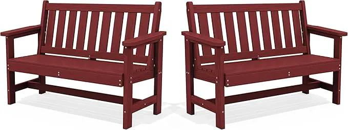 SERWALL Outdoor Bench, HDPE Outdoor Benches Weatherproof, 2-Person Garden Bench with 660 lbs Weight Capacity, Patio Benches for Outdoors, Garden, Porch, Backyard and Park, Red, 2 Pack by GreenHaven Gardens