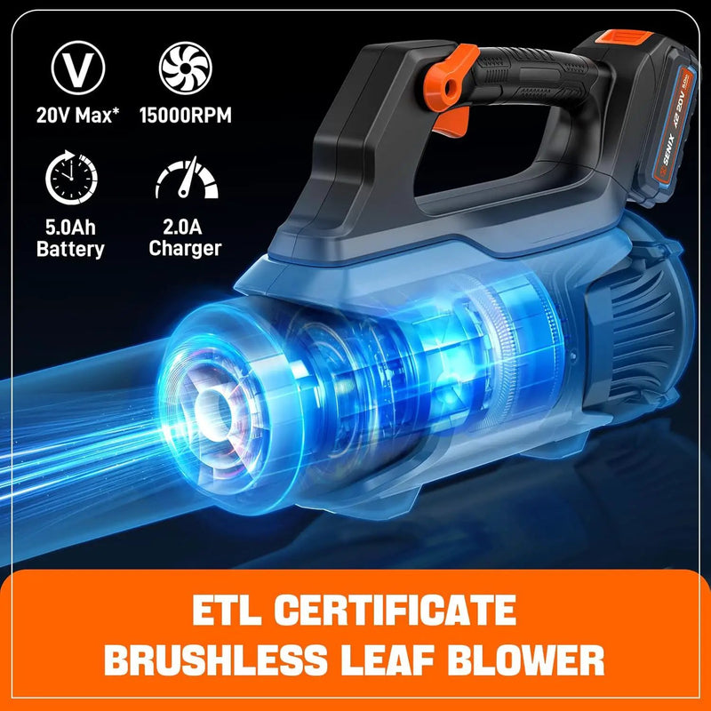 SENIX 20V Max Leaf Blower, Cordless, Brushless, Handheld, Up to 450 CFM and 100 MPH, 2 Speed Mode, Cruise Control, Lightweight, 5.0 Ah Battery and Charger Included (BLAX2-M3) by GreenHaven Gardens