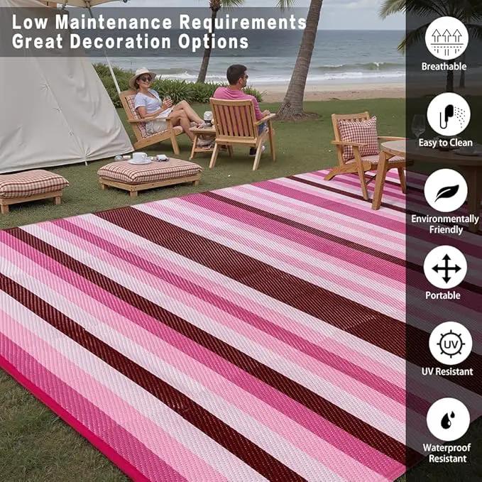 Outdoor Waterproof Rug 6'x9' Plastic Straw Rugs Washable Reversible Floor Mat Pink Stripe Carpet for Camping RV Deck Entryance Porch Picnic Balcony Beach Backyard by GreenHaven Gardens