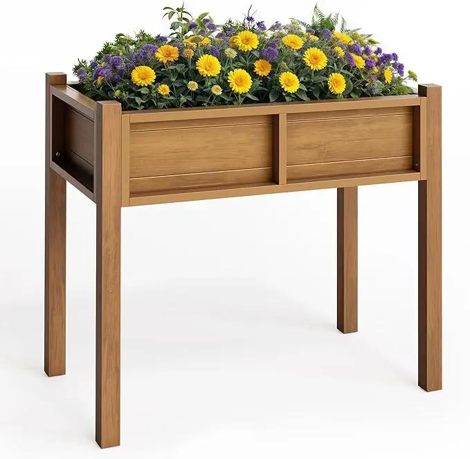 YITAHOME Raised Garden Bed, HIPS Poly Wood Elevated Planter Box with Legs and Drainage Hole, Small Flower Box Stand for Patio Balcony Garden Backyard, Teak by GreenHaven Gardens