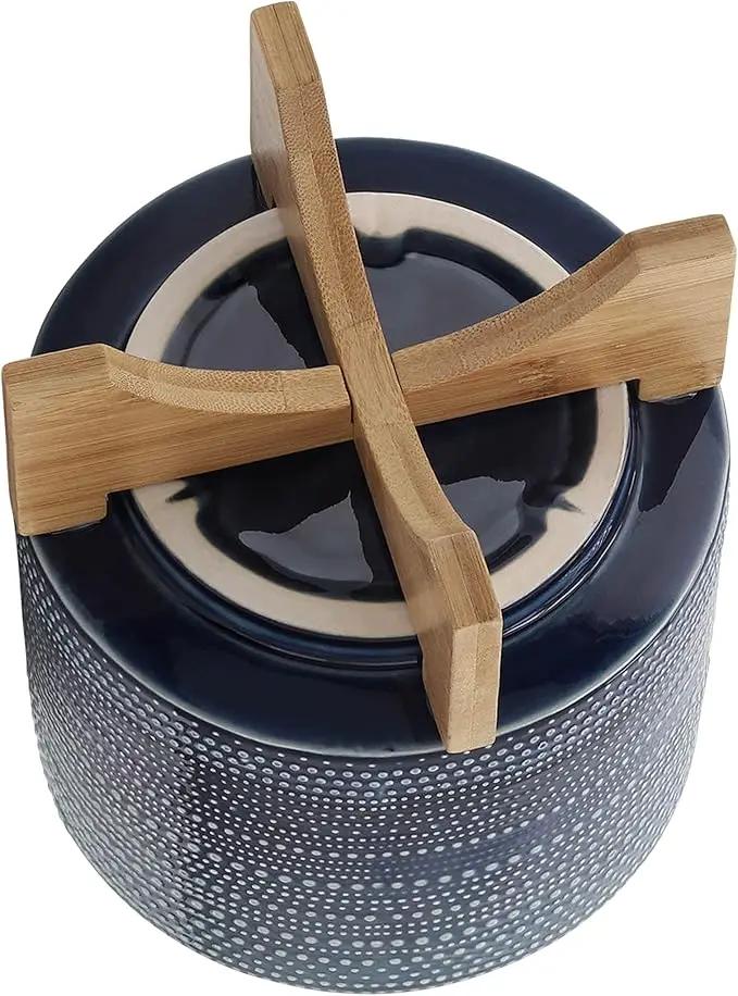 Sagebrook Home Textured Ceramic Planter with Wood Stand, Elevated Indoor/Outdoor Planter, Blue with Gray Dots, 8 L x 8 W x 10 H by GreenHaven Gardens