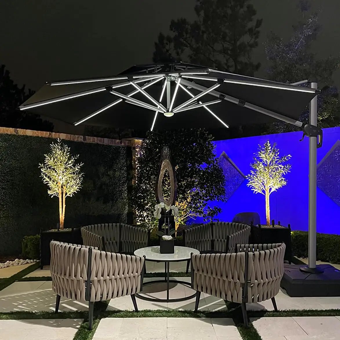 PURPLE LEAF 11ft Solar LED Patio Umbrella - Large Round Cantilever Umbrella with LED Lights, Windproof, Heavy Duty for Garden, Deck, Pool, Patio, Black by GreenHaven Gardens