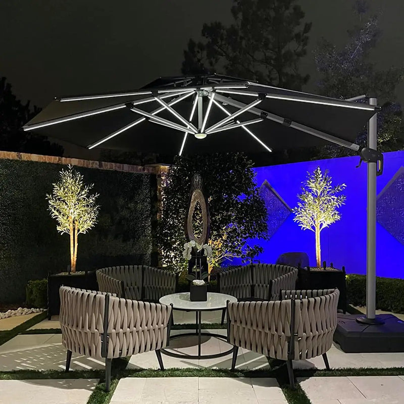 PURPLE LEAF 11ft Solar LED Patio Umbrella - Large Round Cantilever Umbrella with LED Lights, Windproof, Heavy Duty for Garden, Deck, Pool, Patio, Black by GreenHaven Gardens