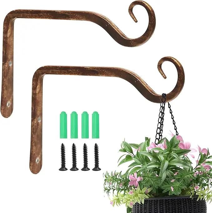 Jardim 2 Pack 6 Inch Premium Decorative Metal Iron Wall Hook, Indoor Outdoor Plant Hanger, Rustic Hanging Gardening Bracket Hook, for Planters, Bird Feeders, Lanterns, Wind Chimes (Coffee) by GreenHaven Gardens