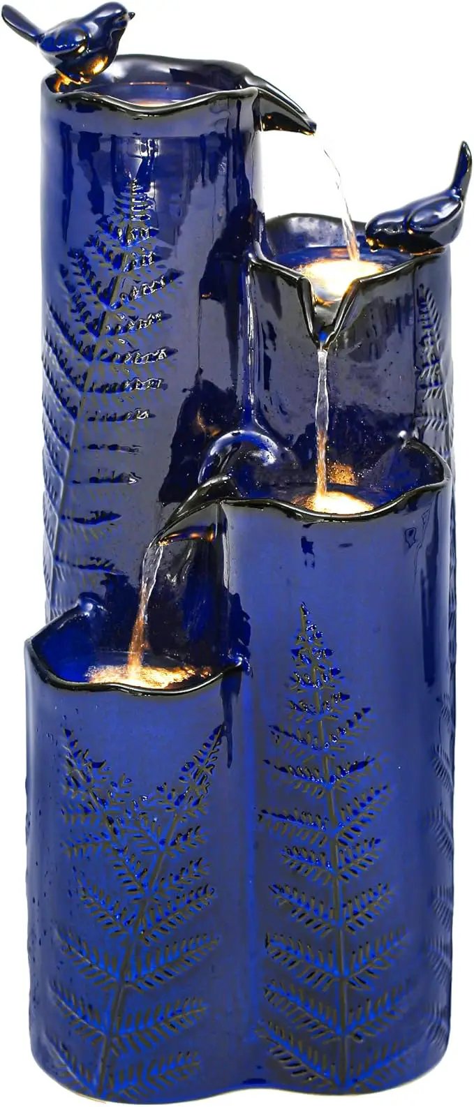 32" H Ceramic Outdoor Water Fountain with LED Lights, 4-Tier Vase Outdoor Fountain, Cobalt Blue Glaze, Embossed Fern Pattern, Cascading Waterfall for Tranquil Garden, Patio, or Porch by GreenHaven Gardens