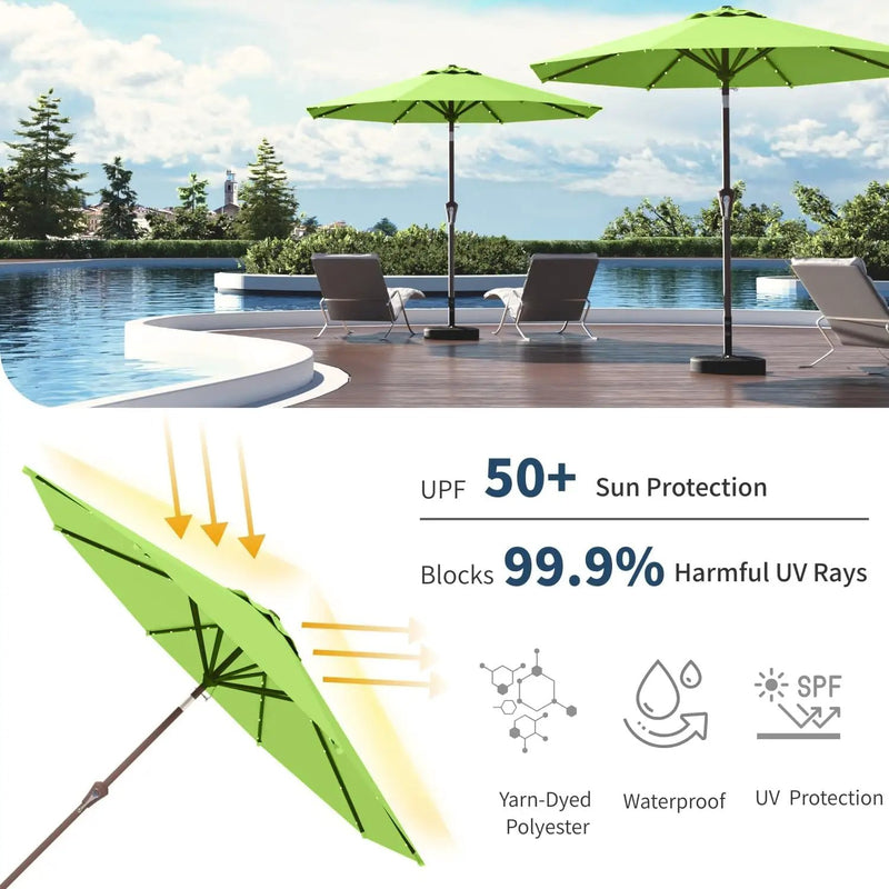 9FT Solar Umbrella 32 LED Lighted Patio Umbrella Table Market Umbrella w/Tilt and Crank, UV-Resistant Outdoor Umbrella for Pool, Garden, Deck, Apple Green by GreenHaven Gardens