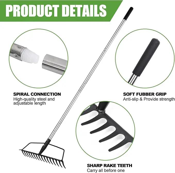 Garden Rake, Metal Sturdy and Heavy Duty Metal Rake, 16-Tine Bow Rake with Adjustable Stainless Steel Handle, Long Shaft for Loosening Soil, Leveling Mulch, Gathering Leaves by GreenHaven Gardens