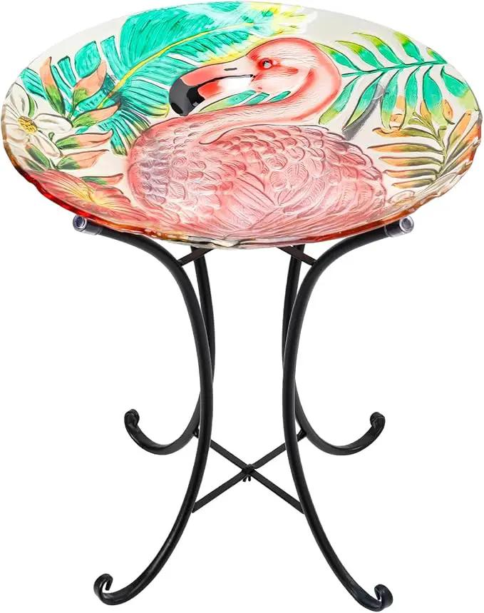 VCUTEKA 18" Outdoor Glass Birdbath with Sturdy Metal Stand for Lawn, Yard, or Garden Decor Bird Lovers Gift, Flamingo Bird Bath Detachable, 22" Height by GreenHaven Gardens