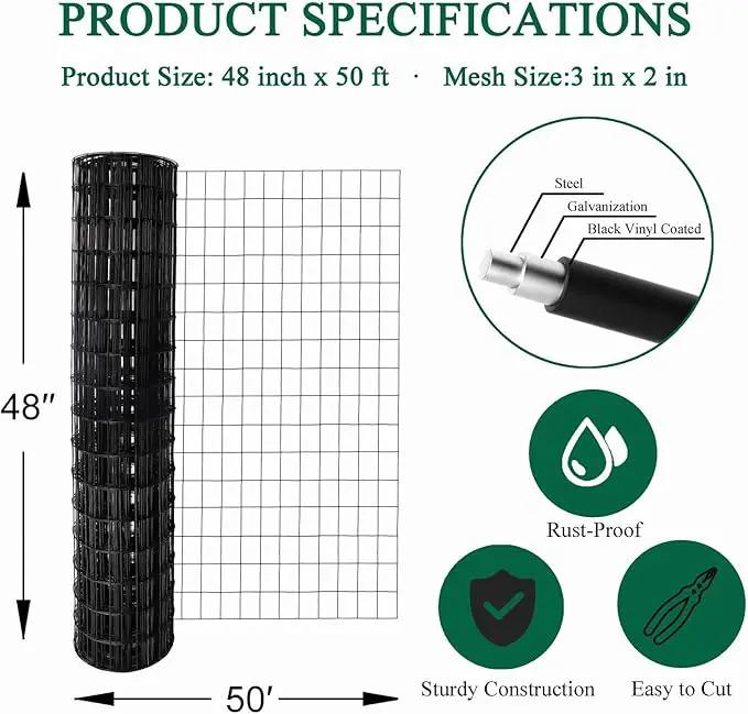 Black PVC Coated Welded Wire Fence 48 Inch x 50 Foot, 2 Inch x 3 Inch 16GA, Garden Border Fencing Roll Vinyl Coating Metal Wire Mesh for Yard Vegetable Plant Protection Poultry Netting by GreenHaven Gardens