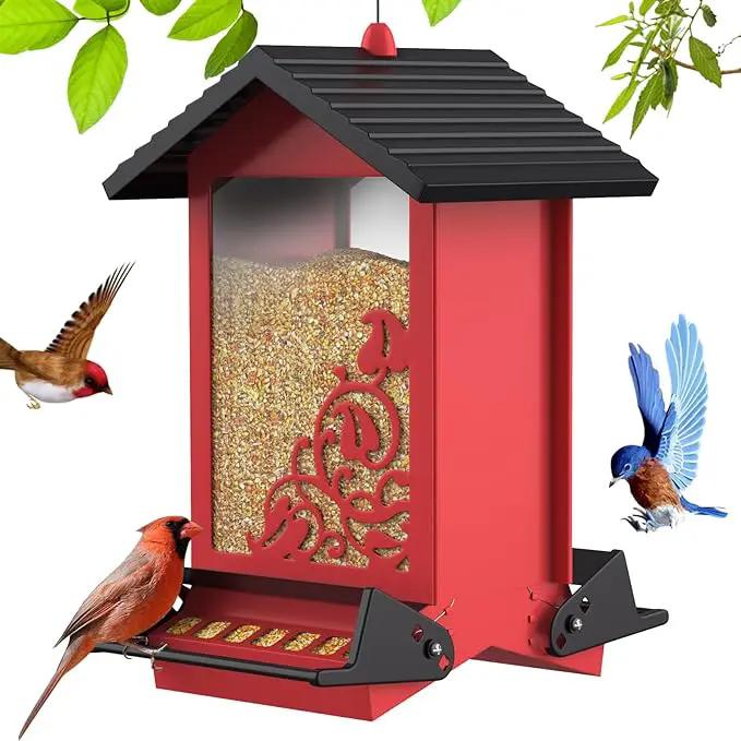 Squirrel Proof Bird Feeder for Outdoor Hanging,Metal Bird Seed Feeder with Bilateral Weight Activated Perches,5LB Large Capacity Wild Bird Feeders for Outside,Easy Refill and Clean,Red by GreenHaven Gardens