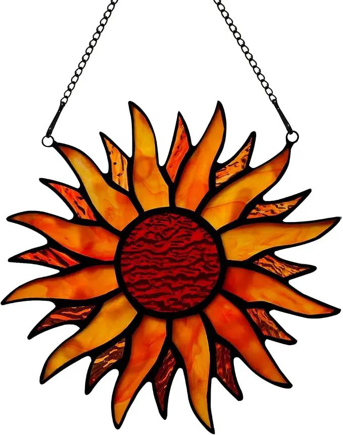 BOXCASA Sun Stained Glass Window Hangings,Tiffany Style Red Sun Suncatcher,Handcrafted Stained Glass Sun Decor for Window,Home Decorations for Window Living Room Bedroom Balcony Kitchen by GreenHaven Gardens