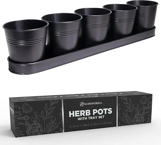 SCANDINORDICA Black Herb Planter – 5 Pots with Drainage Holes and Tray, Windowsill Planter, Herb Pots for Indoor Outdoor Plants | Kitchen & Garden Decor by GreenHaven Gardens