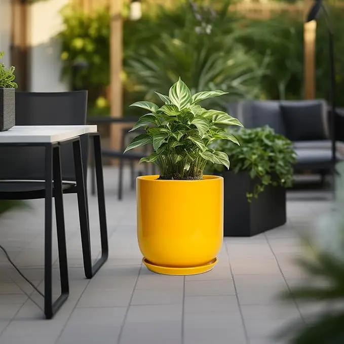 12 Inch Pots for Plants - Ceramic Planter for Outdoor Plants Large Plant Pot Indoor with Drainage Hole Modern Flower Pot for Home Patio Office Decor Yellow by GreenHaven Gardens