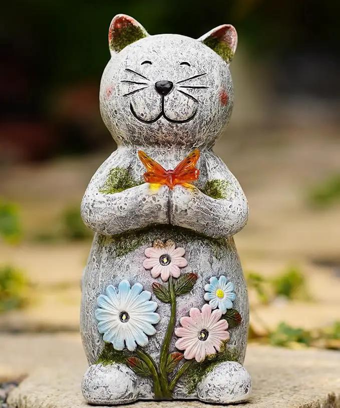 Solar Retro Cat Statue Outdoor - Resin Garden Outside Decorations with Butterfly for Patio,Balcony,Yard,Birthday Gardening Gifts for Women Mom by GreenHaven Gardens